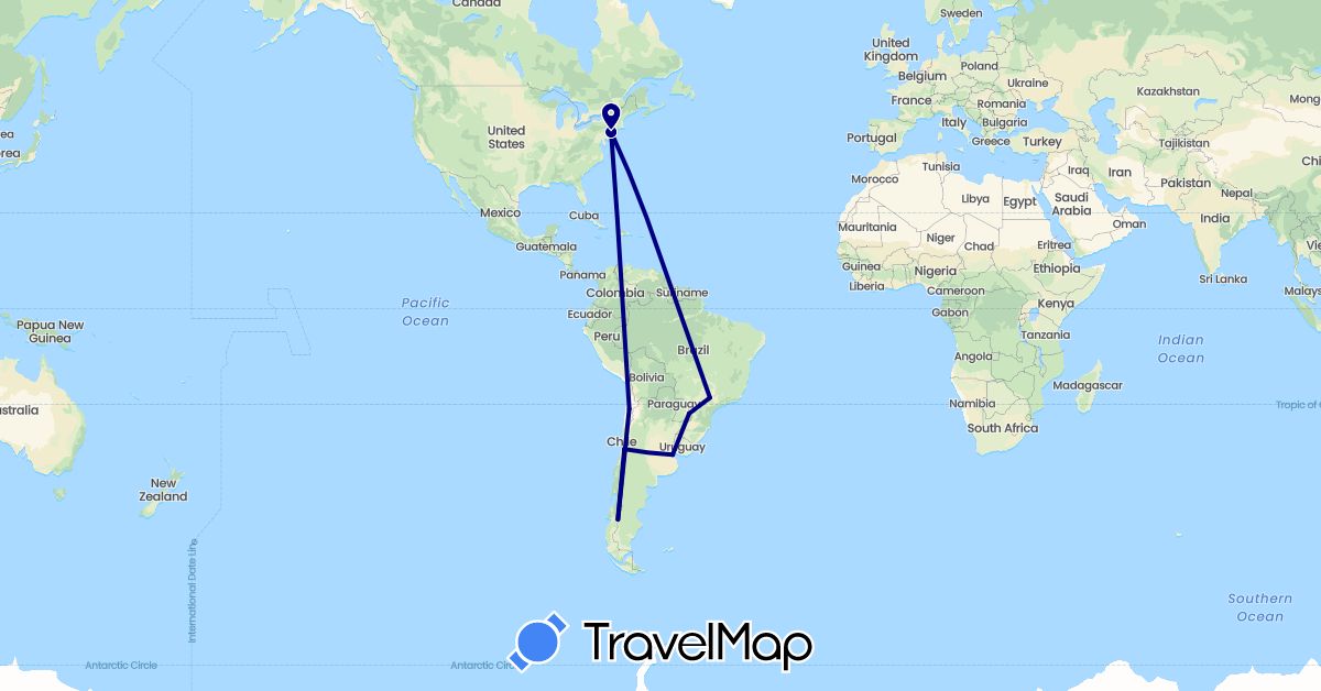 TravelMap itinerary: driving in Argentina, Brazil, Chile, United States (North America, South America)